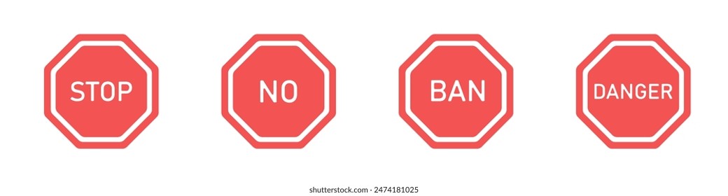 Stop red sign vector icon set. Set of prohibitory signs, stop, no, ban, danger vector. Set of prohibition signs vector. Simple icons of hexagons for warning vector.