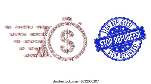 Stopp Flüchtlinge Ausklamation korrodierte rund Robben Druck und Vektorfraktal Collage Credit Time. Die blaue Stempelmarke enthält die Markierung Stopp Refugees Exclamation in runder Form.