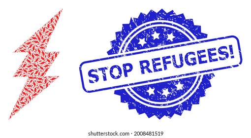Stopp Flüchtlinge Ausrufezeichen Gummidichtung Druck und Vektorrekursiv Collage elektrischen Funken. Das blaue Siegel enthält den Titel "Stopp Refugees Exclamation" in Rosette.