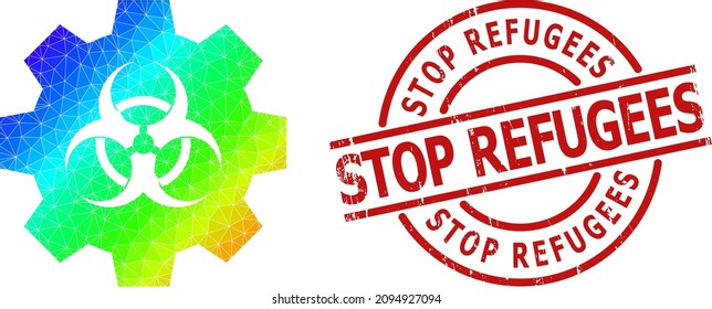 Stop Refugees textured stamp seal and lowpoly spectral colored biohazard industry icon with gradient. Red stamp seal contains STOP REFUGEES title inside circle and lines template.