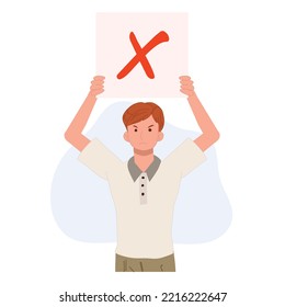 Stop and reject sign concept. A man standing holding signboard of red rejecting denying stop sign.