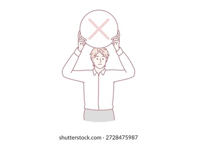 Detener y rechazar el concepto de signo. Joven frustrado trabajador hombre serio de pie sosteniendo alrededor de rojo rechazando negar señal de stop en las manos Ilustración vectorial