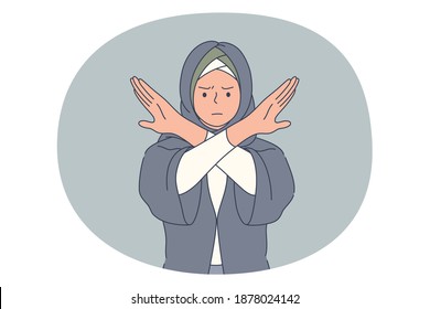 Stop, rejection, prohibition concept. Muslim angry woman in traditional clothing standing crossing hands and showing forbidding sign. Decline refuse deny illustration 