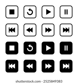 Parar, repetir, reproduzir, pausar, ícone anterior e próximo no quadrado preto. Símbolo de elemento do Media Player
