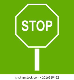Stop road sign icon white isolated on green background. Vector illustration