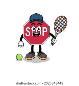 stop road sign illustration as a tennis player , character design