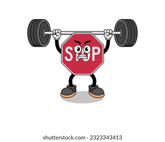 stop road sign mascot cartoon lifting a barbell , character design