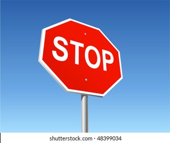 Stop road sign on the blue sky background. Vector illustration.