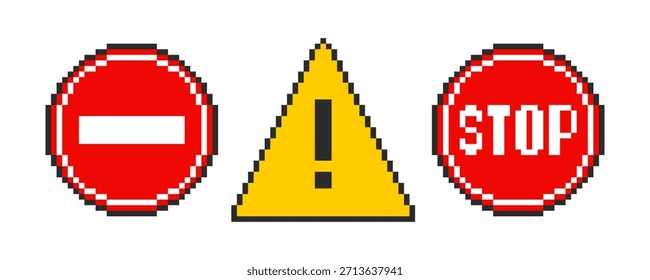 Detengan las señales de tránsito. Señales de advertencia de arte de píxeles, señales de tráfico 8 bit stop.