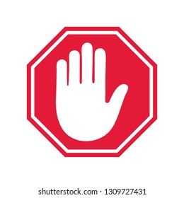 Stop road sign. Prohibited warning icon. Palm in red octagon. Road stop sign with hand isolated on white background. Glossy effect. Vector. - Shutterstock ID 1309727431