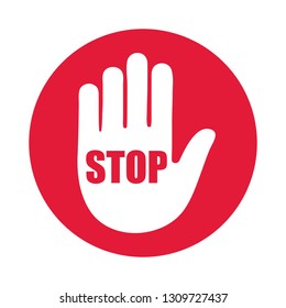 Stop road sign. Prohibited warning icon. Palm in red octagon. Road stop sign with hand isolated on white background. Glossy effect. Vector.