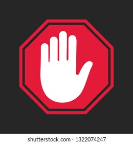 Stop road sign. Prohibited warning icon. Palm in red octagon. Road stop sign with hand isolated on white background. Glossy effect. Vector.