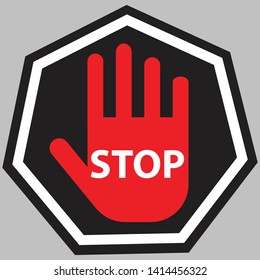 Stop road sign. Prohibited warning icon. Palm in red octagon. Road stop sign with hand isolated on white background. Glossy effect. - Vector