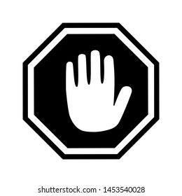 Stop road sign. Prohibited warning vector icon. Palm in red octagon. Road stop sign with hand isolated. Glossy effect.