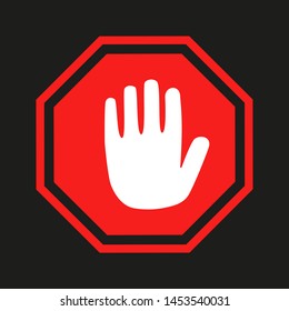 Stop road sign. Prohibited warning vector icon. Palm in red octagon. Road stop sign with hand isolated. Glossy effect.