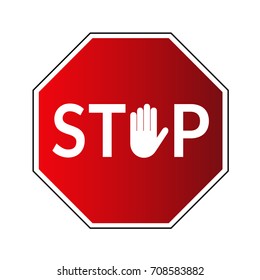 Stop road sign. Prohibited warning icon. Palm in red octagon. Road stop sign with hand isolated on white background. Glossy effect. Symbol of danger, attention, safety Vector illustration