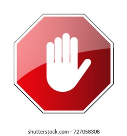 Stop road sign. Prohibited warning icon. Palm in red octagon. Road stop sign with hand isolated on white background. Glossy effect. Symbol of danger, attention, safety Vector illustration
