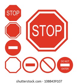 Stop road sign set. Warning road information for drivers and pedestrians, no cars are coming signing system signal. Vector illustration isolated on white background