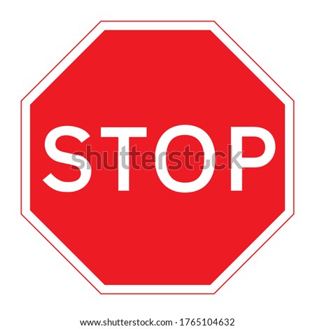 STOP road sign. Vector illustration of red octagon with white legend inside. Mandatory traffic sign. Absolute stop symbol for any purpose.