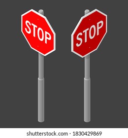 Stop road sign. Vector isometric illustration.