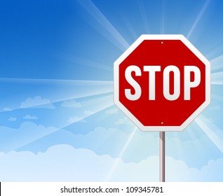 Stop Roadsign on Blue Sky Background - Illustration of Red Stop Sign on shiny blue background