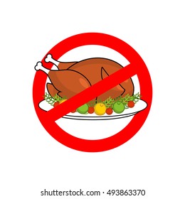 Stop roasted turkey. Prohibited fried food. Red prohibition sign. Crossed-baked chicken. Ban cholesterol. Logo diet