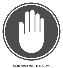 STOP round sign. White hand silhouette on black circle. Vector icon.