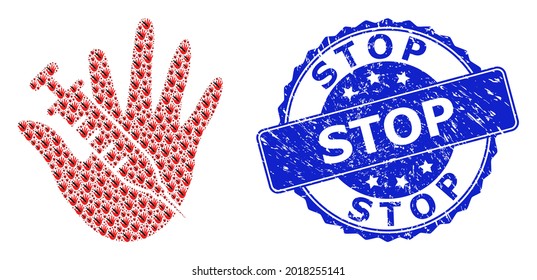 Stop rubber round stamp and vector fractal collage vaccine stop hand. Blue stamp seal has Stop title inside round shape. Vector collage is composed from random vaccine stop hand icons.
