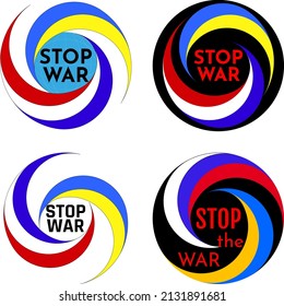 Stop the Russia and Ukraine war logos.Vector circle swirl sign with Ukraine and Russia flags. No war and military attack in Ukraine design element