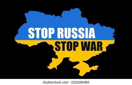 Detengan Rusia, Paren el texto de la guerra en el mapa de Ucrania. Cartel de apoyo a Ucrania, Alto a la guerra contra Ucrania. Ilustración del vector sobre fondo negro