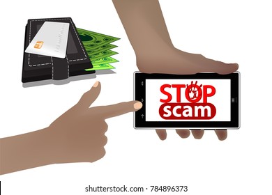 Stop scam. fraud and fraud. smart phone. in the hands of the owner. A purse with money and a plastic card. spiky