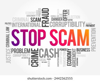 Stop Scam (fraudulent attempt to swindle you out of money or other valuables) word cloud concept background
