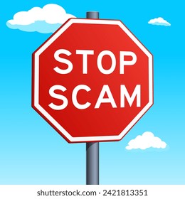 Stoppen Sie das Schild "Scam red road sign" einzeln auf blauem Himmel mit Wolkenhintergrund. Pop Art Stil handgezeichnet Farbe Vektorgrafik.