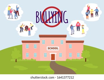 Stop school bullying vector illustration concept. Aggressors and victims of bullying set. Pupils, teenagers mock and tease different people classmates, homeless. School building.