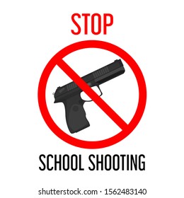 Stop school shooting vector isolated. Gun behind the red forbidden sign. Concept of children violence control. Crime in school, student in danger. Pistol weapon.