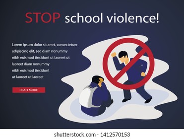 Stop School Violence. Ban Sing on Aggressive Teenager Bullying Schoolboy Victim Sitting on Ground with Backpack Trying to Defend himself of Beating. Cartoon Flat Vector Illustration, Horizontal Banner