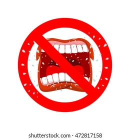 Stop screaming. It is forbidden to shout and swear. Crossed-open mouth. Emblem against aggression. Red prohibition sign. Ban profanity