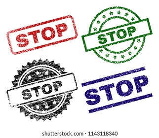 STOP seal prints with damaged texture. Black, green,red,blue vector rubber prints of STOP caption with unclean texture. Rubber seals with round, rectangle, medal shapes.