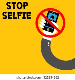 Stop selfie : Hand of business man take photo with monopod Selfie Self Portrait Tool for Smartphone on yellow background vector
