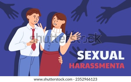 Stop sexual harassment concept. Protect women from men. Tolerance and equality. Support victim of violence at workplace from boss and colleagues. Cartoon flat vector illustration