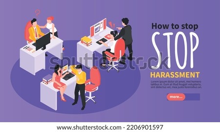 Stop sexual harassment horizontal banner with people touching their colleagues and behaving in inappropriate way at work 3d isometric vector illustration