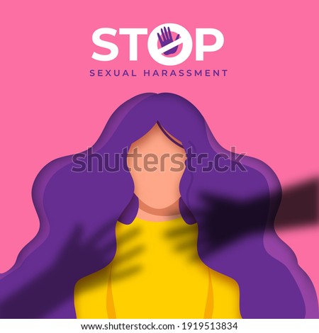 Stop Sexual Harassment Poster Design With Faceless Woman Character On Pink Background.