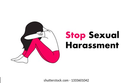 Hör auf mit sexueller Belästigung, Vektorgrafik. Furcht erregendes Mädchen leidet unter aggressivem Verhalten.  Vergewaltigung des Opfers. Ich bin auch mit Anhängern versehen.