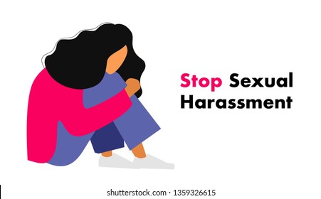 Stop Sexual Harassment vector illustration. Frightened Girl suffering from aggressive behavior.  Rape victim. Me too tag.