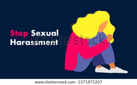 Stop Sexual Harassment vector illustration. Me too tag. Frightened Girl suffering from aggressive behavior. Rape victim. 