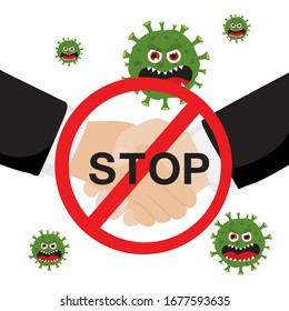 Stop shaking hand. Warning dirty handshake virus spread sign and touching to prevent COVID-19 coronavirus disease.