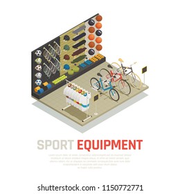 Stop shelves with sport equipment tennis racket skateboards mats for yoga and bicycles isometric composition vector illustration