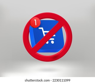Stop shopping concept with shopping cart icon. 3d vector illustration