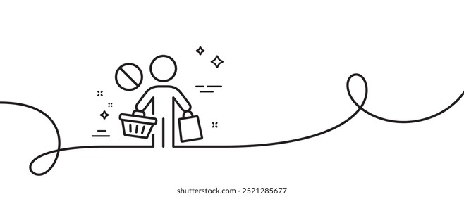 Stop shopping line icon. Continuous one line with curl. No panic buying sign. Man with shopping cart symbol. Stop shopping single outline ribbon. Loop curve pattern. Vector