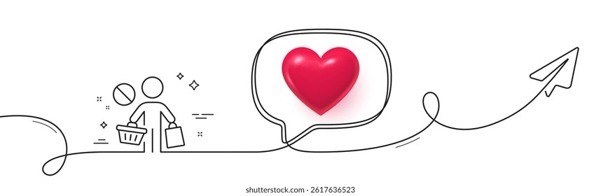 Stop shopping line icon. Continuous line with share plane. No panic buying sign. Man with shopping cart symbol. 3d heart in speech bubble. Stop shopping single line ribbon. Loop curve pattern. Vector